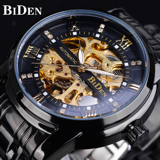 BIDEN Gold Black Rome Number Diamond Dial Luminous Hand Skeleton Stainless Waterproof Automatic Self-Winding Mechanical Watch